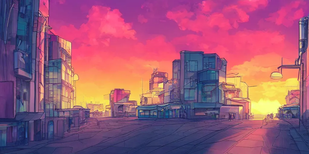 Prompt: a beautiful digital drawing of a bright sunset in a city, anime styled, digital painting, pink sky, clouds