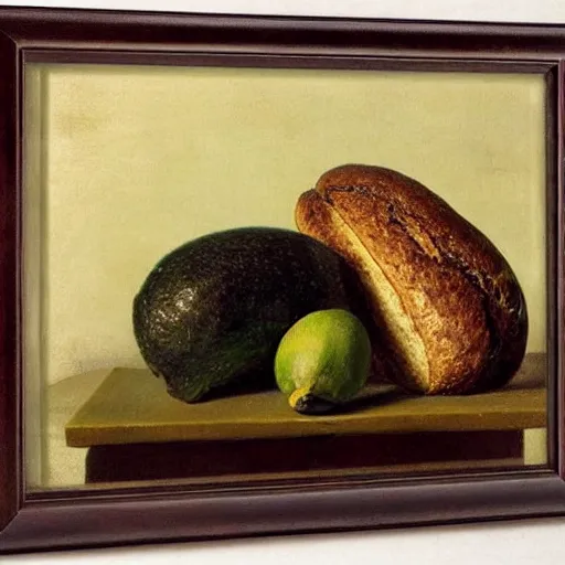 Image similar to still life by willem claesz heda, avocados, bread