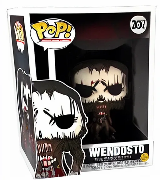 Prompt: limited edition horror themed wendigo with antlers funko pop mini still sealed in box, ebay listing