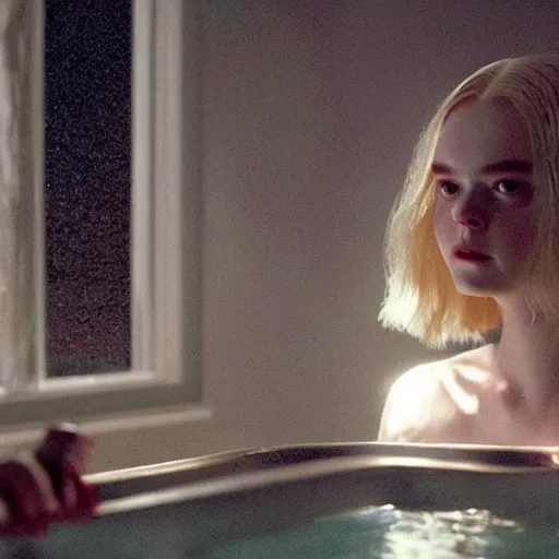 Image similar to Elle Fanning in a tub in the shining in the world of Adam Wyeth, head and shoulders portrait, stormy weather, extremely detailed masterpiece, oil on canvas, low-key neon lighting, artstation, Blade Runner 2049, Roger Deakin’s cinematography, by J. C. Leyendecker and Peter Paul Rubens and Edward Hopper and Michael Sowa,