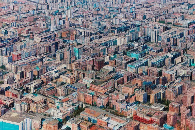 Image similar to bird's eye view photograph of a Soviet city, colorized