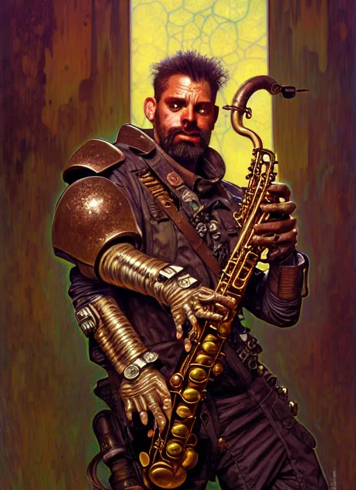 Prompt: portrait of a dirt man playing sax, warhammer 40000, cyberpunk, intricate, highly detailed, digital painting, artstation, concept art, smooth, sharp focus, illustration, art by Amano and Karol_Bak and artgerm and greg rutkowski and alphonse mucha and Gustav Klimt and Kojima