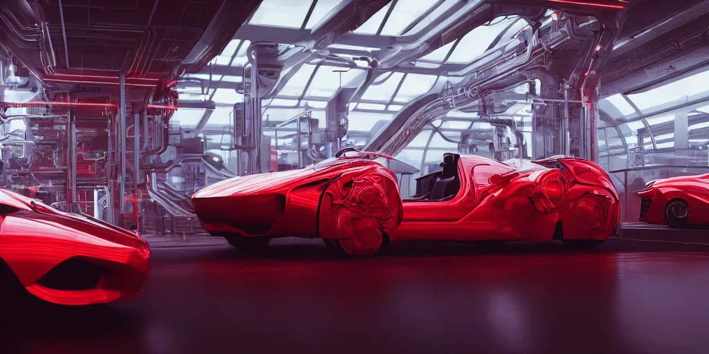 Image similar to kama russian electrocar, inside futuristic car plant, red car, sharp focus, ultra realistic, ultra high pixel detail, cinematic, intricate, cinematic light, unreal engine 8 k, 8 k, epic, intricate, volumetric lighting, trending on artstation