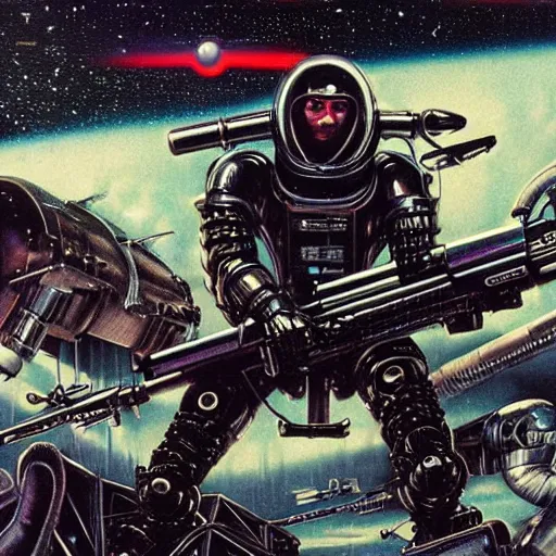 Image similar to 1 9 8 0's heavy metal album art, a shiny reflective detailed chrome cool cybernetic futurepunk 1 9 7 0's london punk rock android firing a giant rifle - style blaster rifle designed by ridley scott inside an alien spaceship