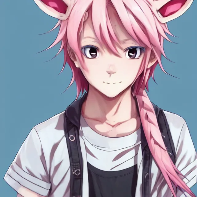 Prompt: character concept art of a cute anime boy with pink hair and pink wolf ears and freckles | | cute - fine - face, pretty face, key visual, realistic shaded perfect face, fine details by stanley artgerm lau, wlop, rossdraws, james jean, andrei riabovitchev, marc simonetti, and sakimichan, trending on artstation