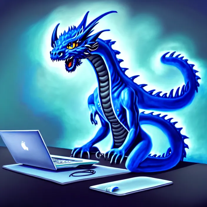 Image similar to a photorealistic painting of an anthropomorphic blue dragon wearing headphones, laptop, oil on canvas, furry, soft lighting