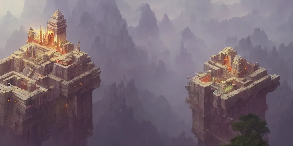 Image similar to an isometric temple in the clouds, by greg rutkowski and james gurney, trending on artstation