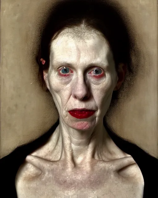 Prompt: a close up portrait a very ordinary underweight middle - aged woman with an blank expression, by joel peter witkin and sarah moon, very pale translucent skin, very blurry, foggy, oil painting, photorealistic, anatomically correct, beautiful perfect face, visible brushstrokes, sharp focus, highly detailed, cinematic lighting, 8 k, hd