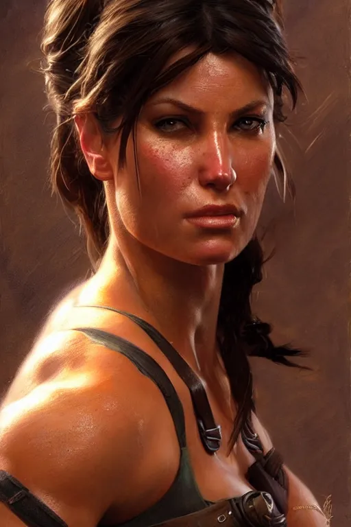 Image similar to muscular sweat lara croft, face close up, highly detailed painting by gaston bussiere, craig mullins, j. c. leyendecker 8 k