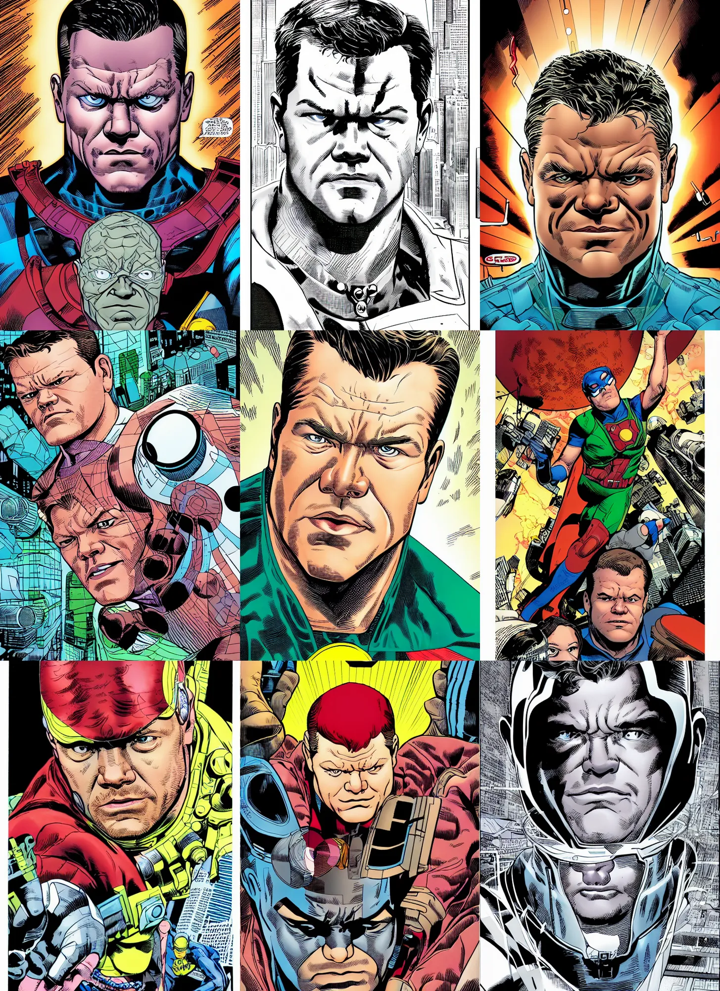 Prompt: dynamic macro head portrait of matt damon superhero spy by cory walker and ryan ottley and jack kirby and barry windsor - smith, comic, illustration, photo real