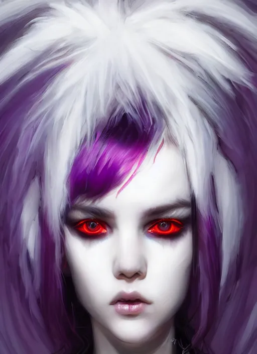 Image similar to whitebangs, black hair, black cyberlox, portrait of white teenage girl, normal face, white bangs, fluffy bangs, cyberlox, whitebangs, red contact lenses, purple background, intricate, elegant, highly detailed, digital painting, artstation, concept art, sharp focus, smooth, illustration, art by wlop, mars ravelo and greg rutkowski