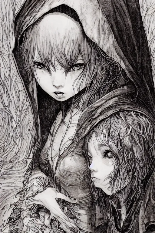 Prompt: portrait of a beautiful little red riding hood sobbing, tears run down her cheeks, as a terrifying werewolf emerges from her back, pen and ink, intricate line drawings, by Yoshitaka Amano, Ruan Jia, Kentaro Miura, Artgerm, watercolor