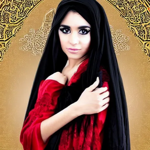 Image similar to arabic women portrait, long black hair, big eyes, beautifull as angel