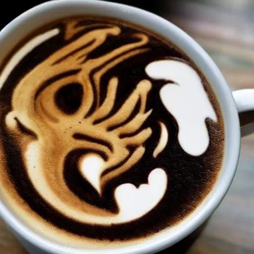 Image similar to photo, asian dragon's head as latte art, dragon face, playful, illustration