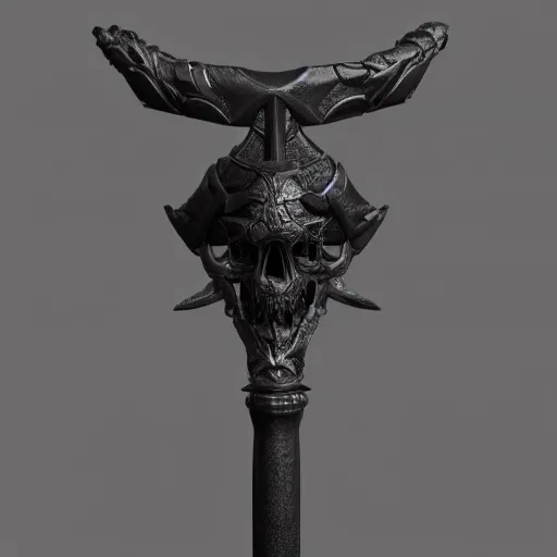 Image similar to a black sword skull handle, ornament, weapon, a 3 d render by dom qwek, studio lighting, front side view, trending on polycount, hard surface modeling, rendered in maya, 3 ds max, blender, artstation hd, vray