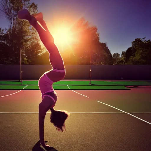 Image similar to a girl doing a handstand on the school basketball court, digital art, lens flare