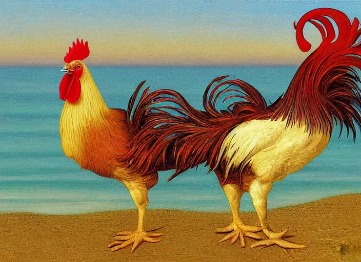 Image similar to rooster, beach, painting, fine art, hard edge painting, tonal colors, polychromatic - colors, by richard dadd