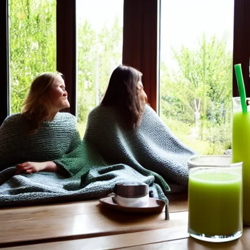 Prompt: knitted blankets women drinking green juice in front of window with a courtyard in the background