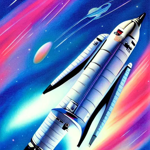 Image similar to airbrush illustration for omni magazine of the space shuttle, sliver blue and pink colors, illustration, airbrush, magazine cover, vivid, retro, grainy, masterpiece, glow, paper texture