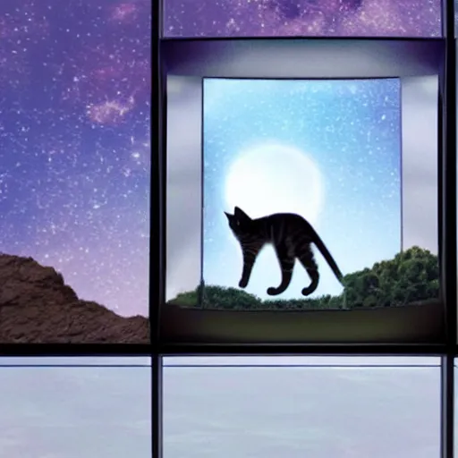 Image similar to photo of a cat watching martian landscape inside a futuristic window