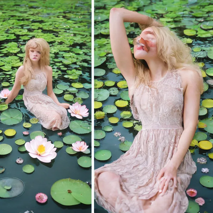 Prompt: Kodak Portra 400, 8K, soft light, volumetric lighting, highly detailed, britt marling style 3/4, photo close-up portrait of extreme beautiful girl floating in water surrounded by lily pads, half face in the water, a beautiful lace dress and hair are intricate with highly detailed realistic beautiful flowers , Realistic, Refined, Highly Detailed, natural outdoor soft pastel lighting colors scheme, outdoor fine art photography, Hyper realistic, photo realistic