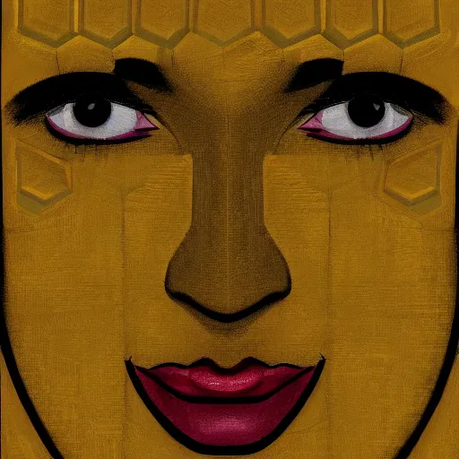 Prompt: face portrait of a woman, yellow hexagon polygon,