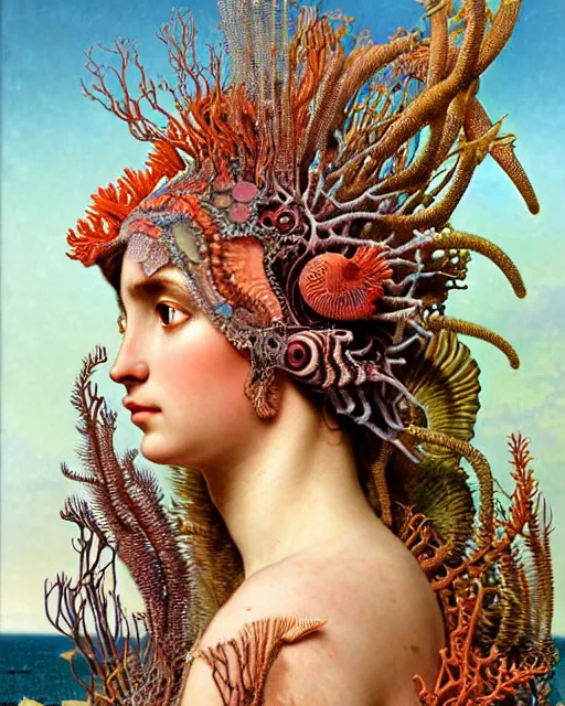 Image similar to hyperrealistic detailed face side portrait of the beautiful goddess of the fish skeletons with an intricate headgear of corals, sea kelp, sea plants, fish, starfish, jellyfish, art by ernst haeckel, john william godward, android jones, alphonso mucha, h. r. giger, gothic - cyberpunk, ornamental, beautiful deep colours,