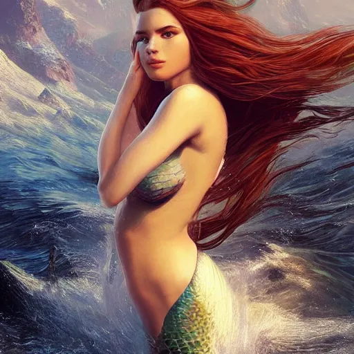 Image similar to beautiful mermaid with her hair flowing down, extremely high detail, photo realistic, cinematic, post processed, concept art, artstation, matte painting, style by Raphael Lacoste, Eddie Mendoza