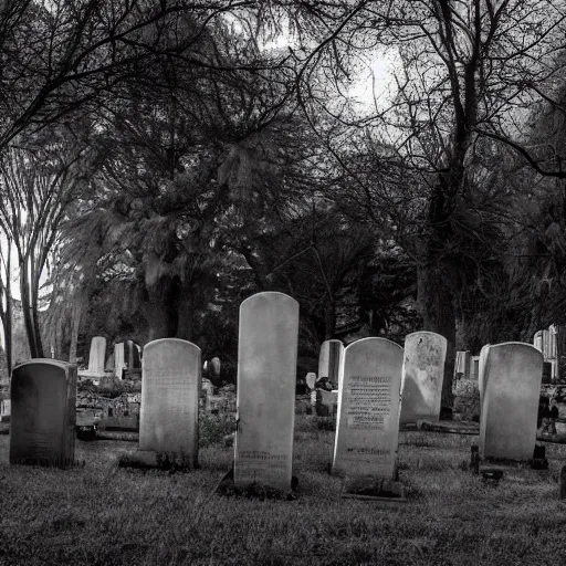 Image similar to hand rising from the ground in a cemetery, tombstones, moonlight, eerie, chiaroscurro