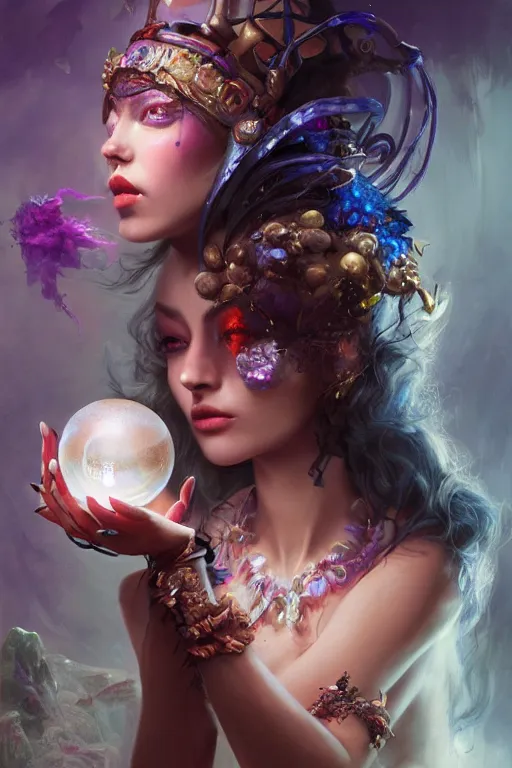 Image similar to face closeup of beautiful girl necromancer, witch - doctor covered with velvet exploding into crystals, angels, 3 d render, hyper realistic detailed portrait, holding crystal ball, ruan jia, wlop. scifi, fantasy, hyper detailed, octane render, concept art, peter mohrbacher