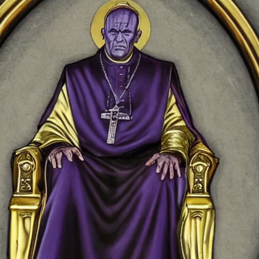 Image similar to thanos is the pope, purple skin, josh brolin, clerical clothes, full body shot, realistic, highly detailed