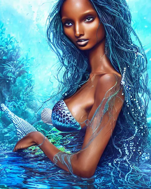 Prompt: Supermodel Jasmine Tookes as a mermaid with a piercing gaze wearing a shell bikini in an underwater magical forest, highly detailed face, realistic face, beautiful detailed eyes, fantasy art, in the style of artgerm, illustration, epic, fantasy, intricate, hyper detailed, artstation, concept art, smooth, sharp focus, ray tracing, vibrant, photorealistic
