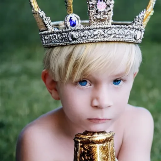 Image similar to cute blond boy wearing a crown and sitting on an ornate throne holding a jeweled scepter.