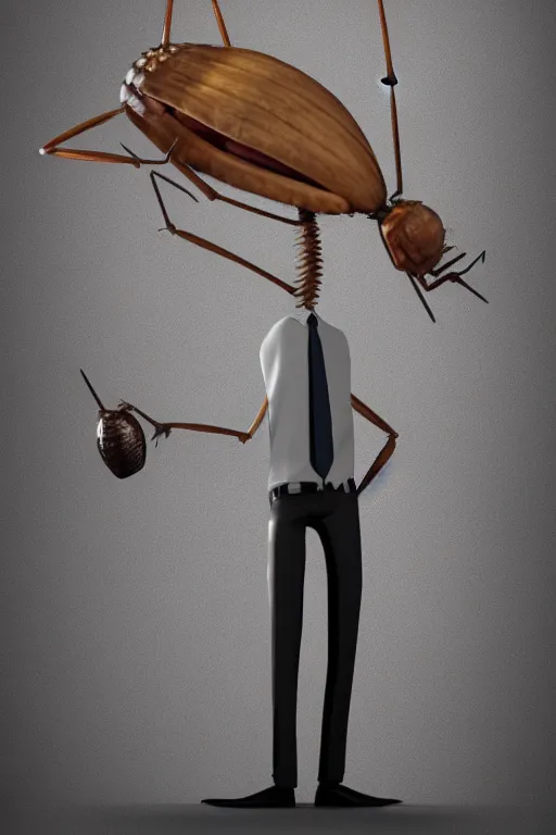 Prompt: full body shot of a thin anthropomorphic cockroach wearing a suit with a tie, with long antennae, best of artstation, backlighting, 8k, hyper detail illustration, symmetrical, correct proportions, 3d render, by tim burton