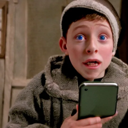 Prompt: the kid from polar express holding out his phone