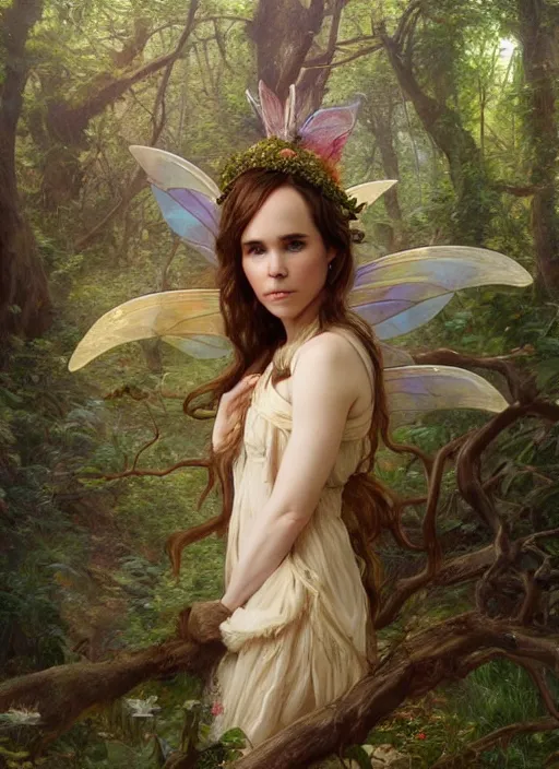 Prompt: portrait ellen page as fairy in the wood, full length shot, shining, 8k highly detailed, sharp focus, illustration, art by artgerm, mucha, bouguereau