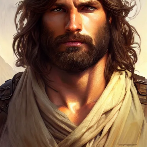 Image similar to Portrait of rugged male ranger, D&D, amber eyes, face, long hair, muscular, fantasy, intricate, elegant, highly detailed, digital painting, artstation, concept art, smooth, sharp focus, illustration, art by artgerm and greg rutkowski and alphonse mucha