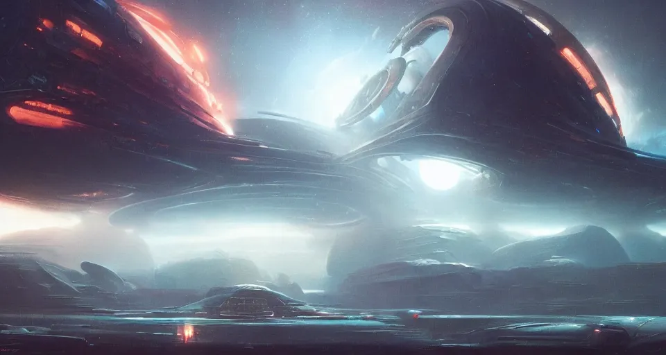 Prompt: Retro futuristic Sci-Fi space scene by Ridley Scott and Greg Rutkowski, Giant Aztec spaceship, nebulas swirls