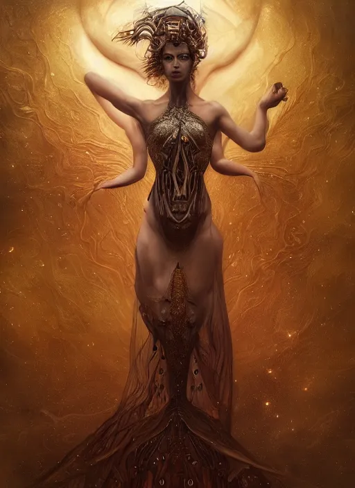 Image similar to epic portrait of menacing and anxious yet stunningly beautiful biomechanical djinn overseeing the iridescent fabric of the universe, by charlie bowater, mandy jurgens, gustav klimt, octane render, dramatic camera angle, 4k, 8k, high detail, HDR, by tom bagshaw, powerful, with inspiration from Beksinski, inspired by greek goddess Athena