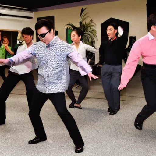 Prompt: Gangnam Style dance being performed by lizard men