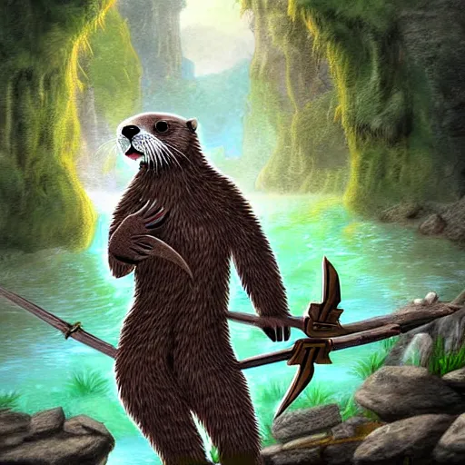 Image similar to furry otter warrior, fantasy art, lightweight armour, near the river, waterfall, digital art, high quality