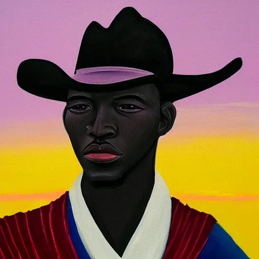 Prompt: a beautiful painting of a regal african cowboy, in front of a pale lavender sunrise, dawn, predawn, golden light, art deco!, silhouette, no crop, smooth, sharp focus, grainy, realistic, very realistic, hyperrealistic, highly detailed, very detailed, extremely detailed, very neat, very epic, very cool, detailed, made by Jacob Lawrence