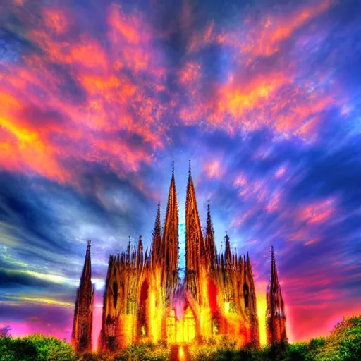 Image similar to Magic Cathedral in the clouds at sunset colorful beautiful heavenly HDR Photorealistic