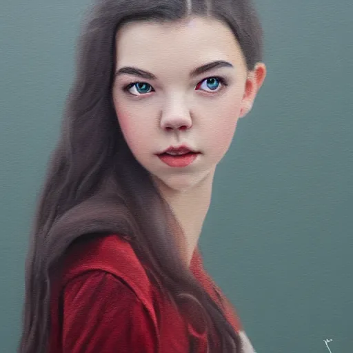 Image similar to ultra realistic painting of Anya Taylor-Joy, instagram by rxkun.jpeg, Olga Pietruszka, minweee, Organic Painting, Matte Painting, hard edges, textured photoshop brushes, soft focus, 8k, perfect lighting, high contrast, trending on artstation