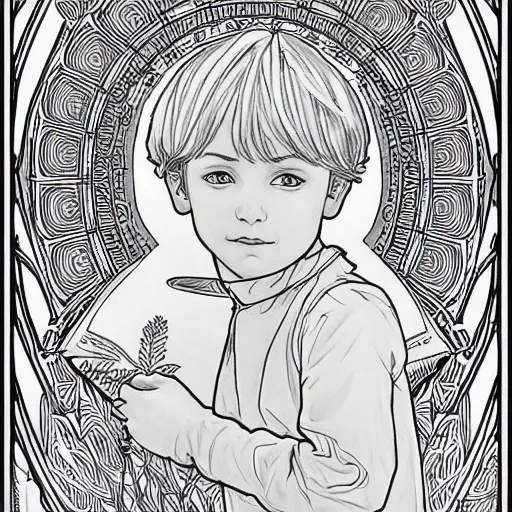 Image similar to clean simple line art of a little boy with short hair. no background. well composed, clean coloring book page, beautiful detailed face. coloring book line art by greg rutkowski and johanna basford and alphonse mucha