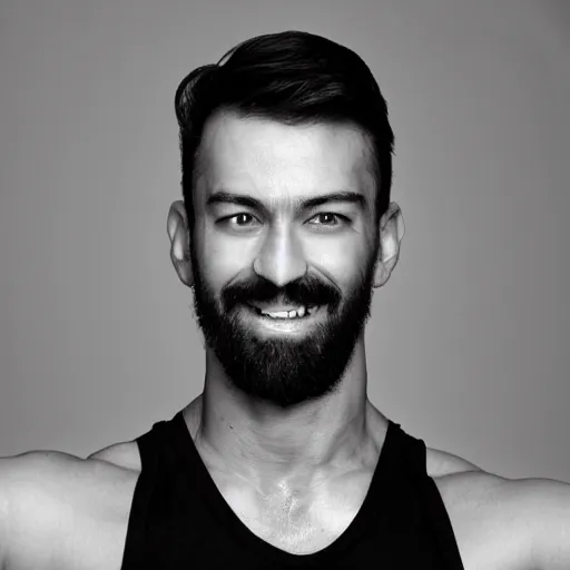 Prompt: grey - scale portrait of a man looking slightly left with a pronounced long square chin with thin face, has thick facial hair, very short black hair, manly face, widely grinning, body builder, large chest muscles, no shirt, dark lighting, dark grey background