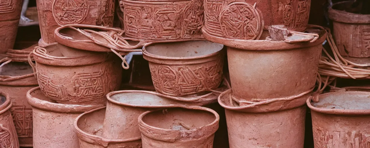 Image similar to spaghetti inside ancient terra cotta pots, middle east, fine detail, canon 5 0 mm, in the style wes anderson, kodachrome, retro