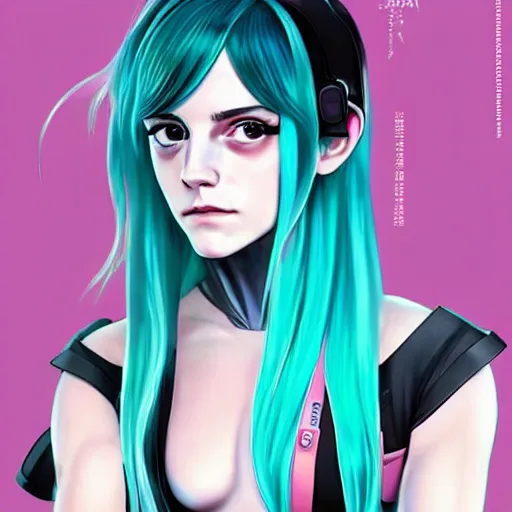 Image similar to emma watson as hatsune miku, she is wearing cyberpunk dress, character portrait. cinematic lightning, art by artgerm and tom bagshaw