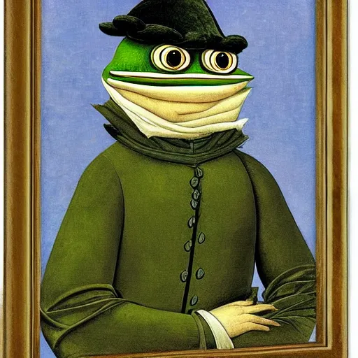 Image similar to pepe the frog as 1 9 th century prussian general, elegant portrait by sandro botticelli, detailed, symmetrical, intricate