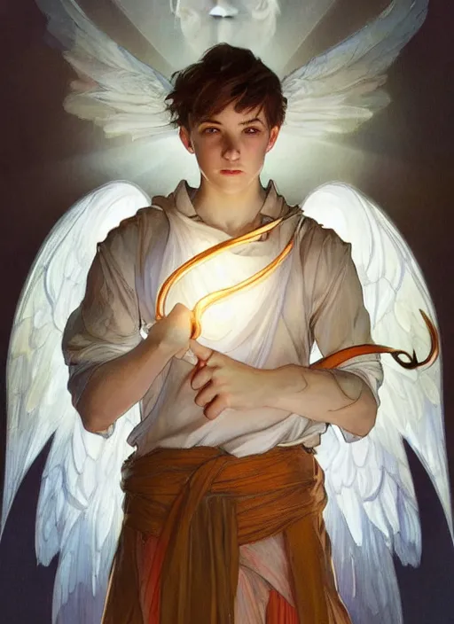 Prompt: digital character concept art by artgerm and greg rutkowski and alphonse mucha. portrait, young fourteen year old boy, like a young god, beautiful, angel wings!, holding a staff, detailed, poster art, light effect, glowing, hyper detail, intricate, elegant, digital painting, artstation, smooth, sharp focus